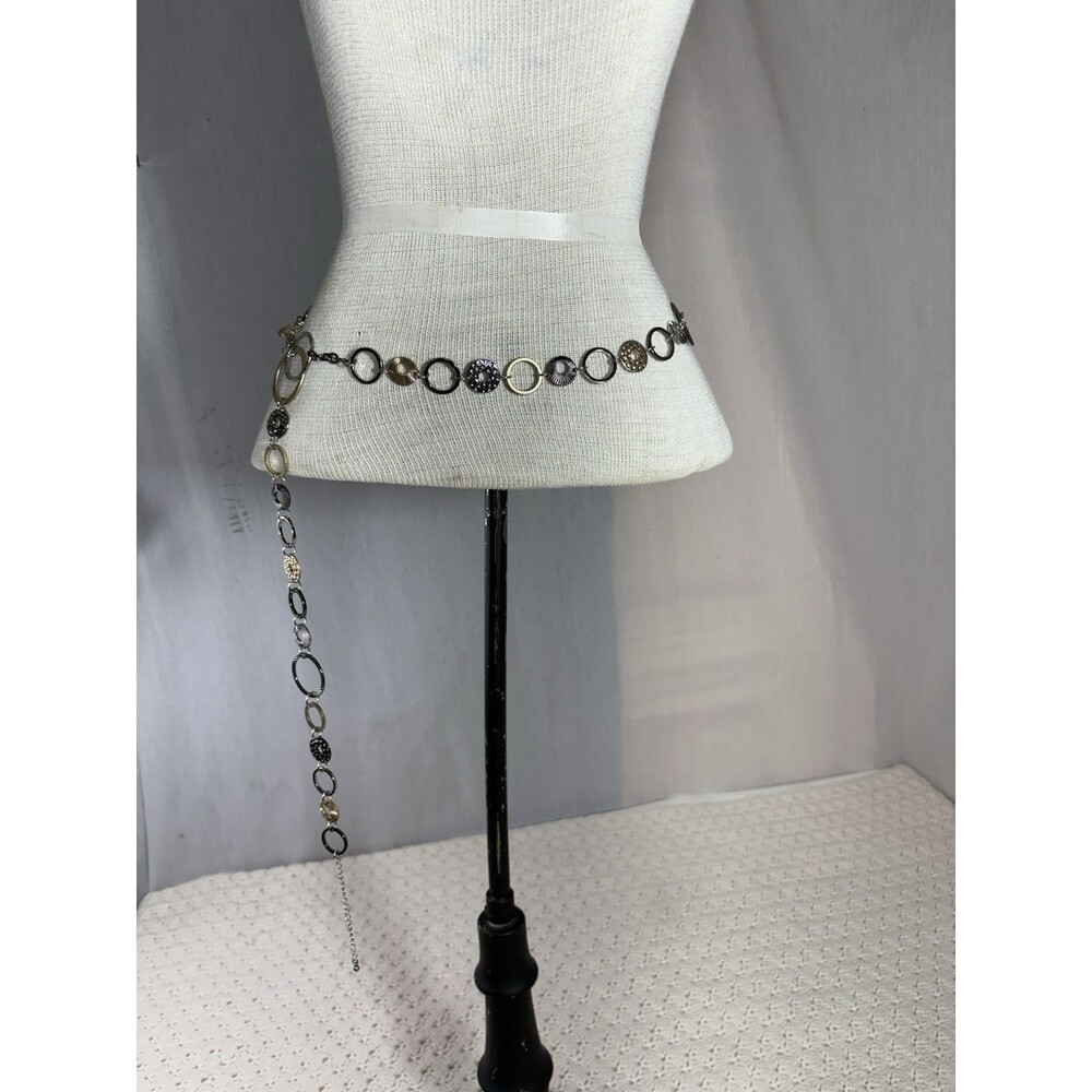 Lia Sophia Multi Tone Metal Circle with Textured Buttons Belt Necklace 40"